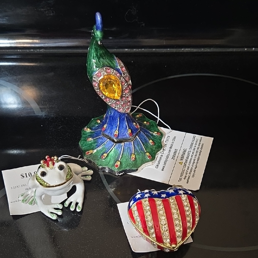 Colorful Peacock, Frog, And Heart Figurine
